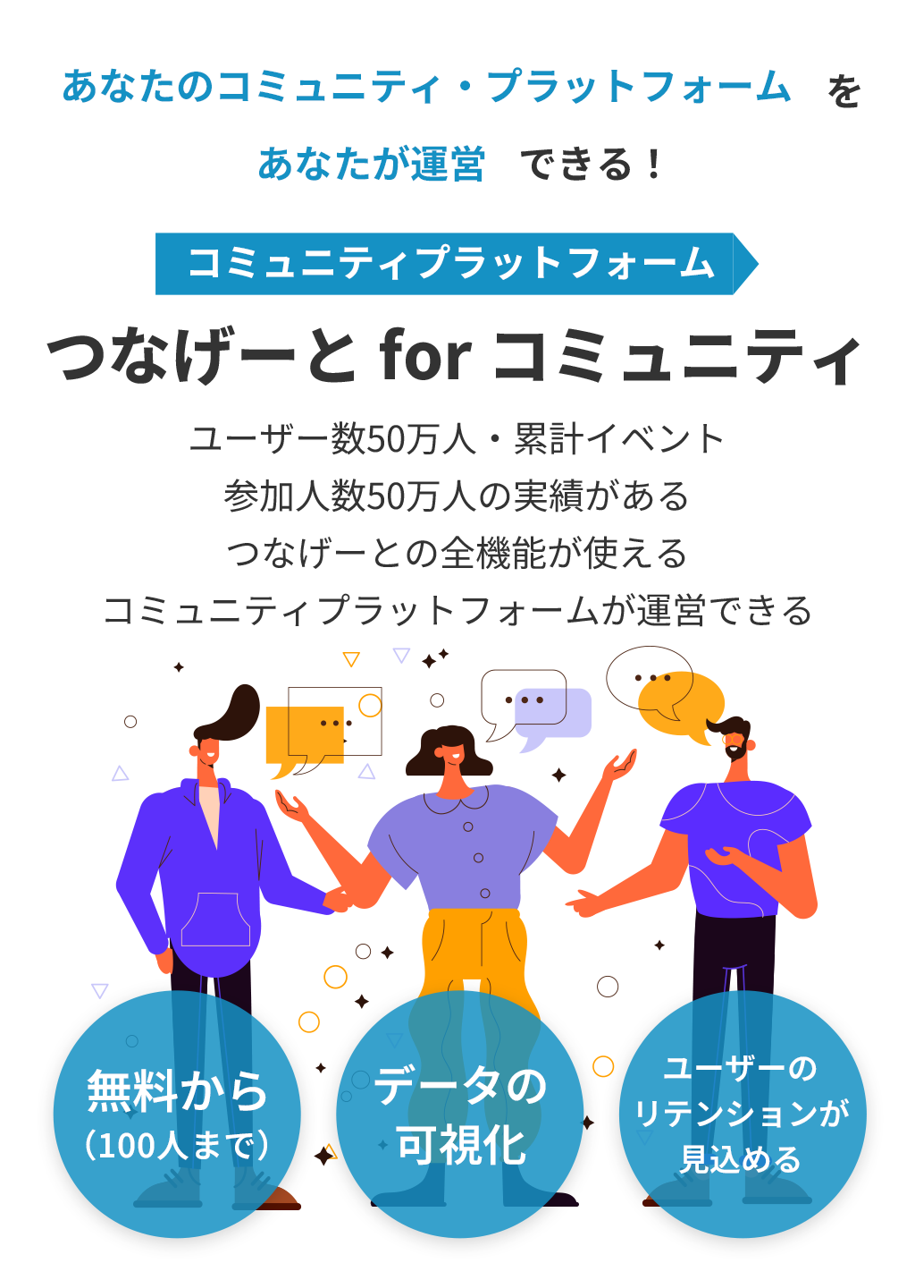 あなたのコミュニティ・プラットフォームをあなたが運営できる！コミュニティプラットフォームつなげーと for コミュニティ累計登録会員数50万人・登録サークル数92,000人の実績があるつなげーとの全機能が使えるコミュニティプラットフォームが運営できる。無料から（100人まで）。データの可視化。ユーザーのリテンションが見込める。